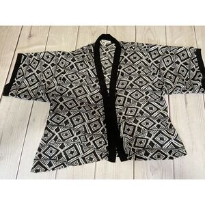 Monteau Los Angeles Sz MEDIUM Boho Sheer Open Front Kimono Top Black Geo EUC